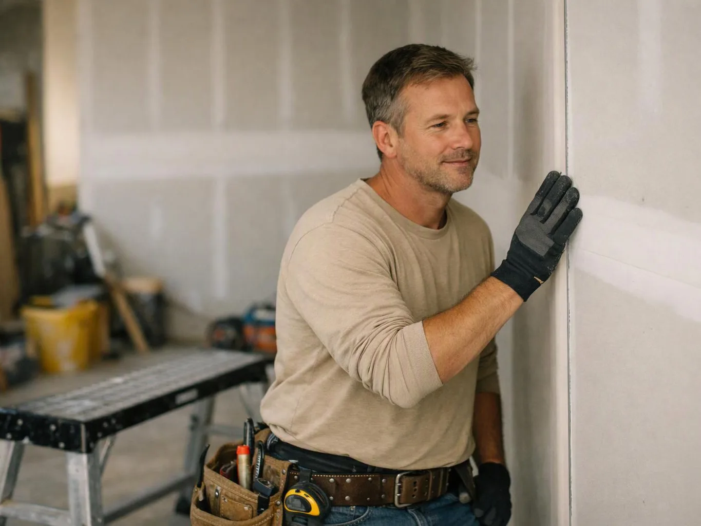 A man in gloves presses drywall against a wall inside a room under construction