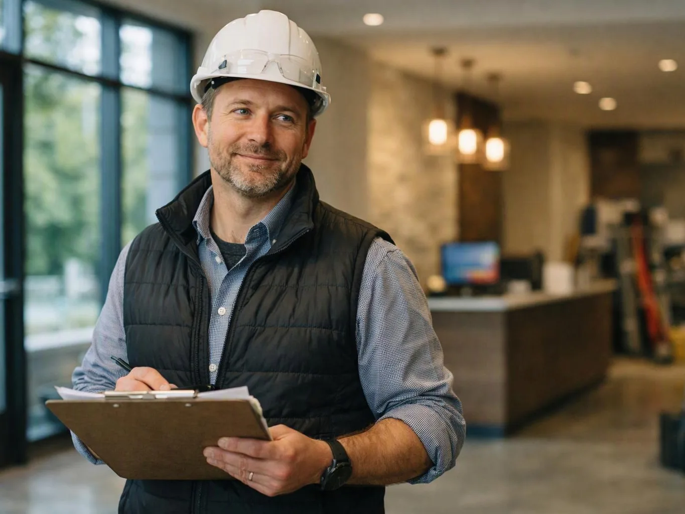 A man in a hard hat holds a clipboard inside a bright building lobby