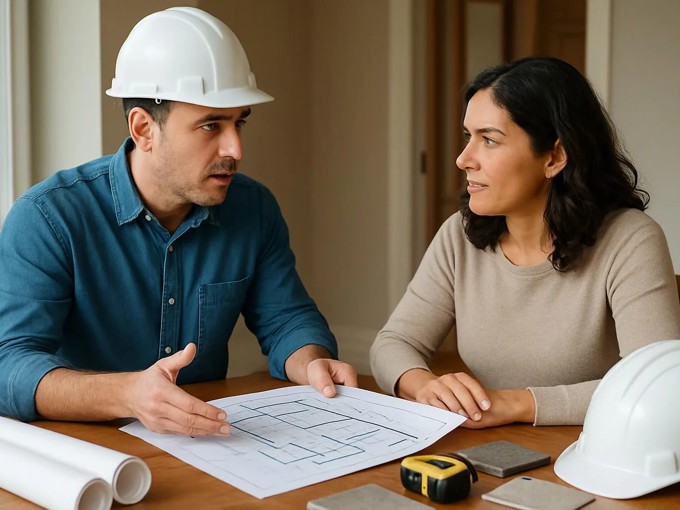 A man in a hard hat shows a floor plan to a woman at a table with rolled blueprints and tools
