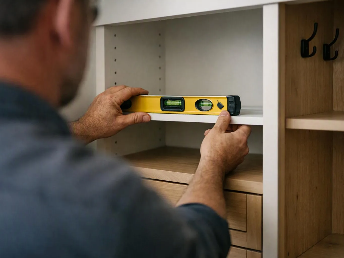 A man holds a yellow spirit level against a white shelf inside an unfinished cabinet