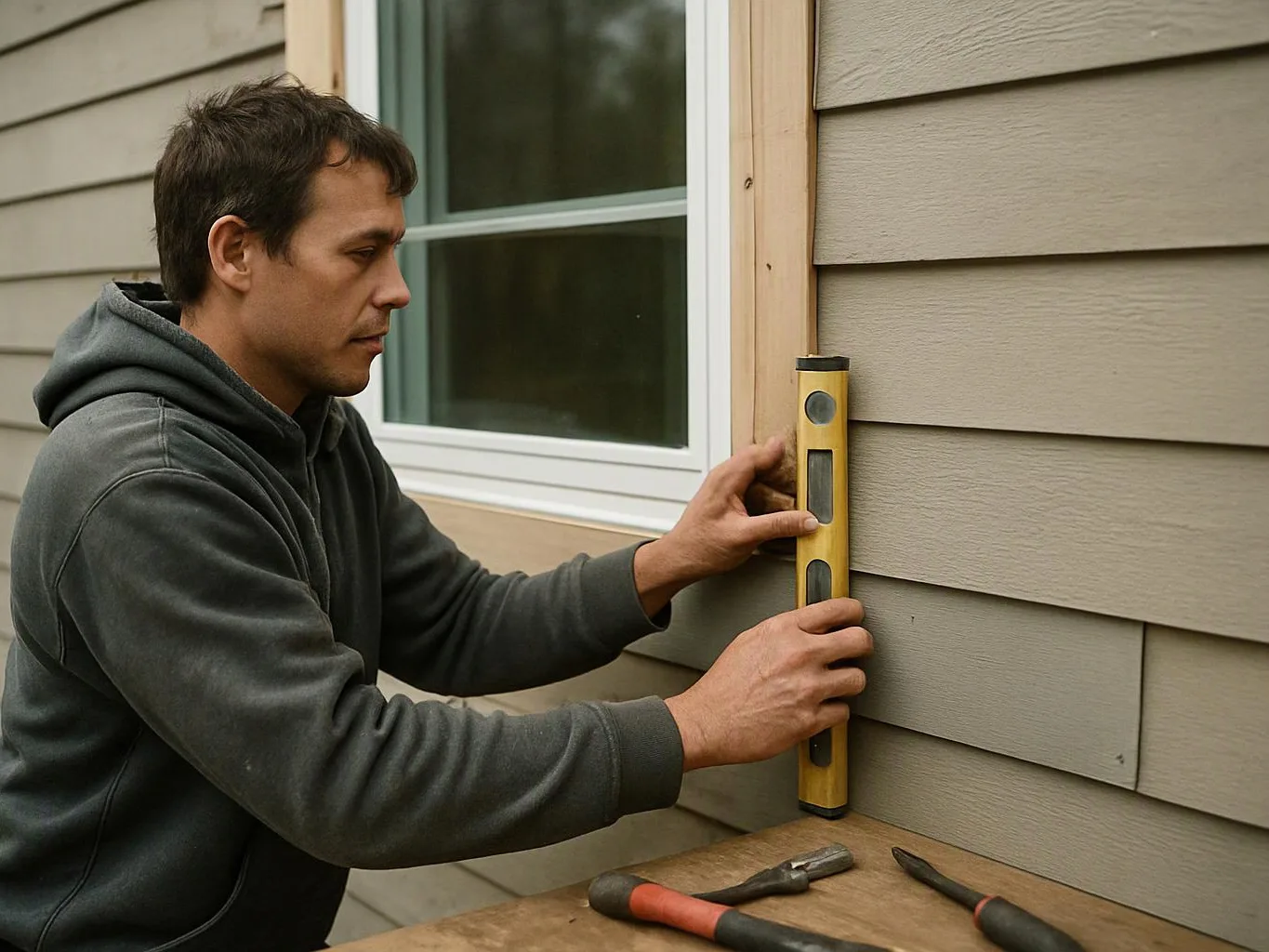 A man in a hoodie checks a level on house siding beside a window, with tools on a work surface