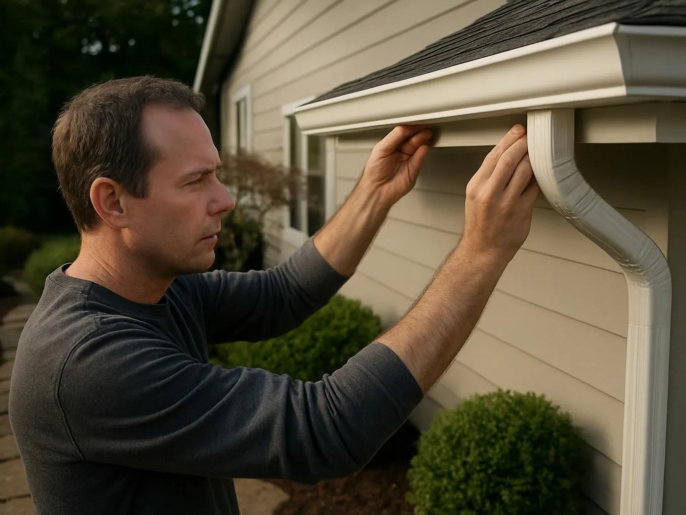 A man inspects and adjusts a house gutter beside beige siding and shrubs