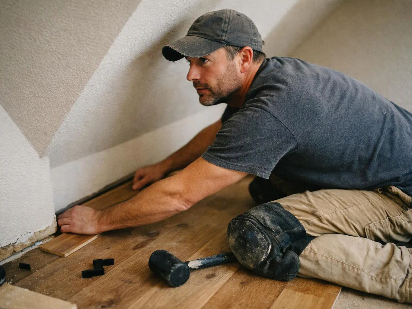 A man kneels on the floor, fitting wooden planks along a wall with a mallet nearby