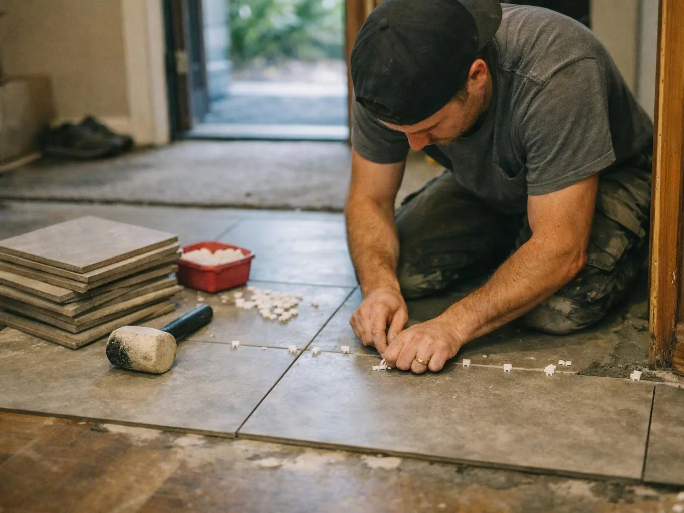 A man kneels on a floor, placing tile spacers beside stacked tiles and a rubber mallet