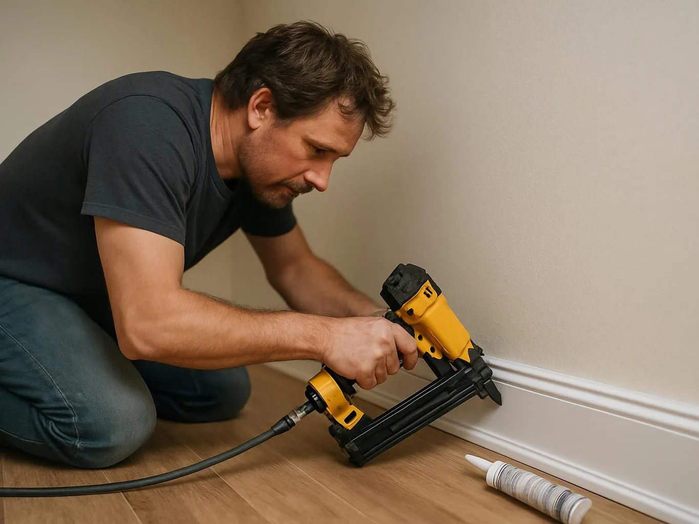 A man kneels on a floor and uses a yellow nail gun to attach trim along a wall