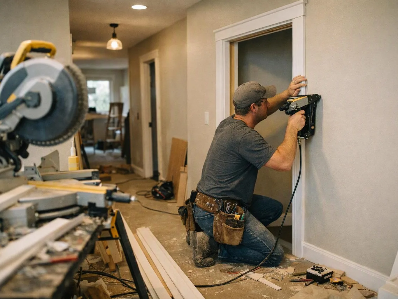 A man kneels in a hallway, using a nail gun to install trim around a doorway inside a home
