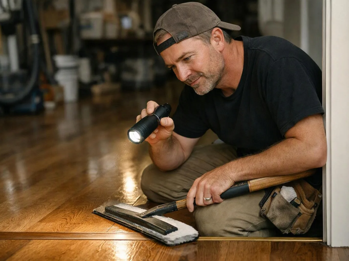 A man kneels on a hardwood floor, inspecting it with a flashlight and a floor tool in a room doorway