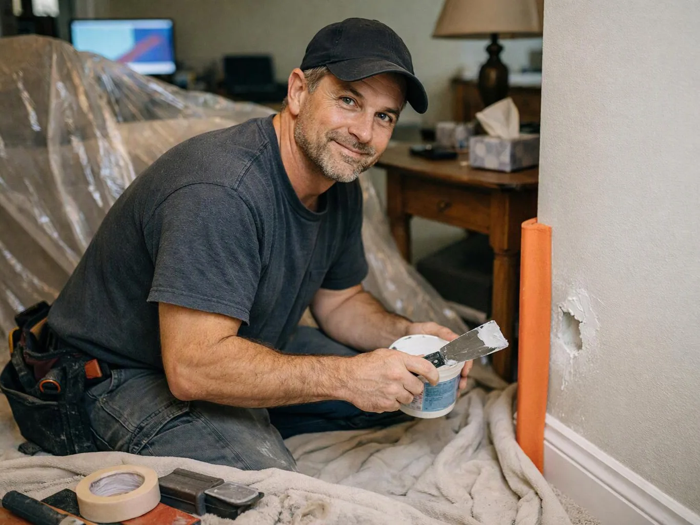 A man kneels indoors, holding a putty knife and paint container beside a patched wall hole