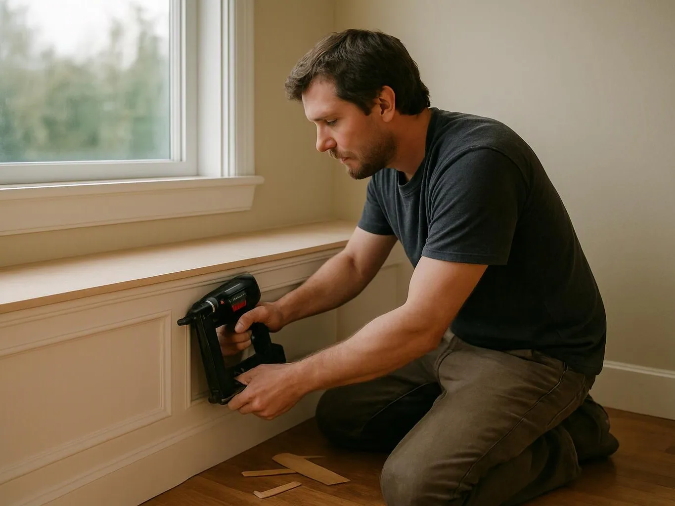 A man kneels by a window, using a nail gun on a white wall panel in a bare room