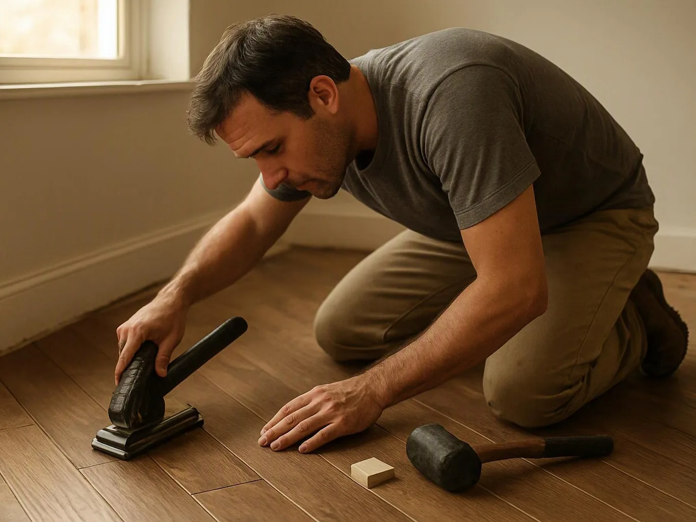 A man kneels on a wood floor, pressing a flooring tool beside a mallet and small block in a bare room