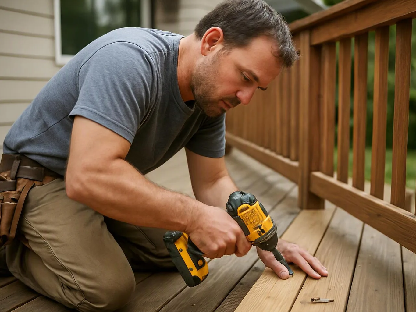 A man kneels on a wooden deck, using a yellow drill to work on a board near the railing