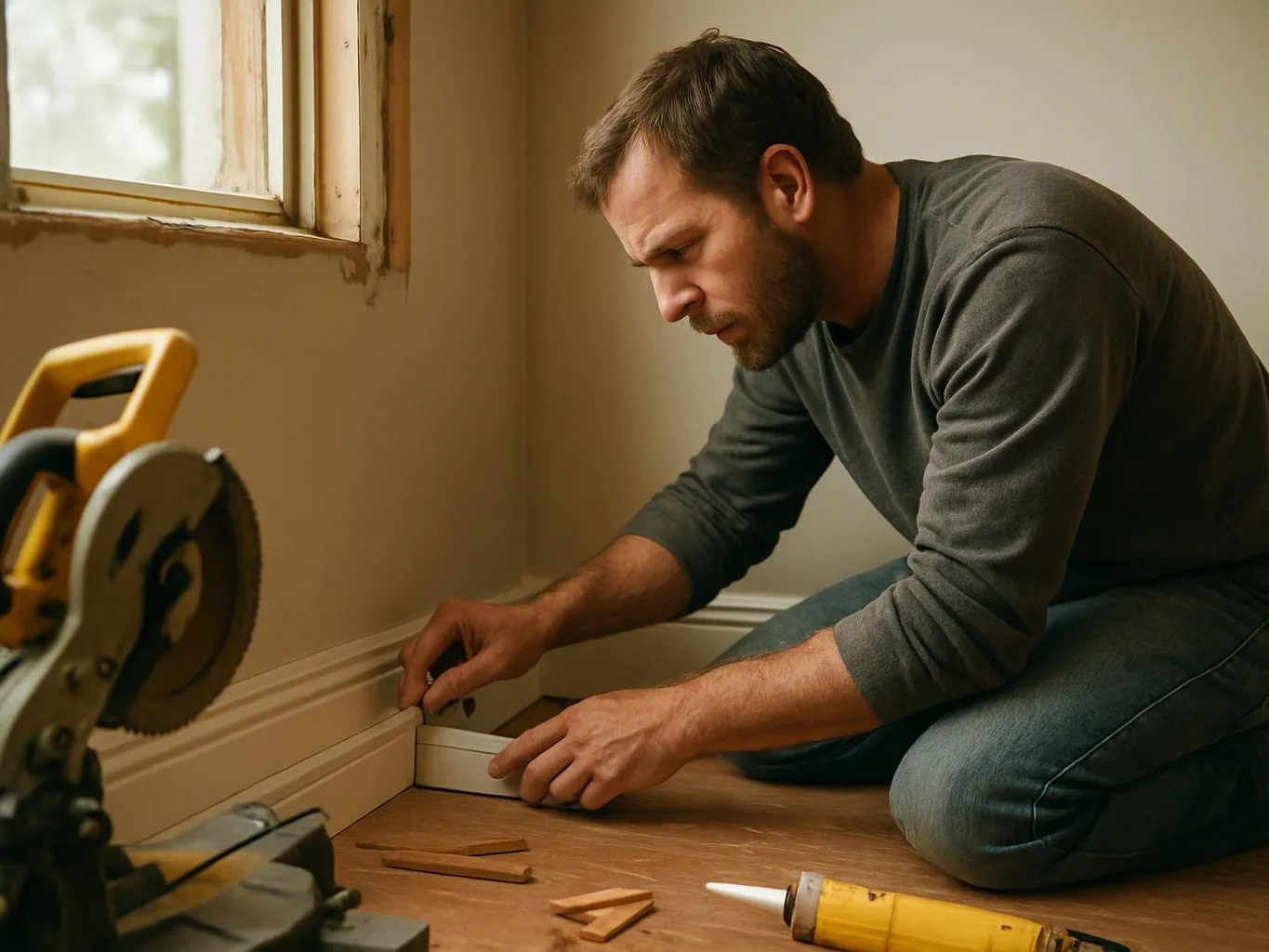 A man kneels on a wooden floor, fitting baseboard trim beside a window with saw and tools nearby
