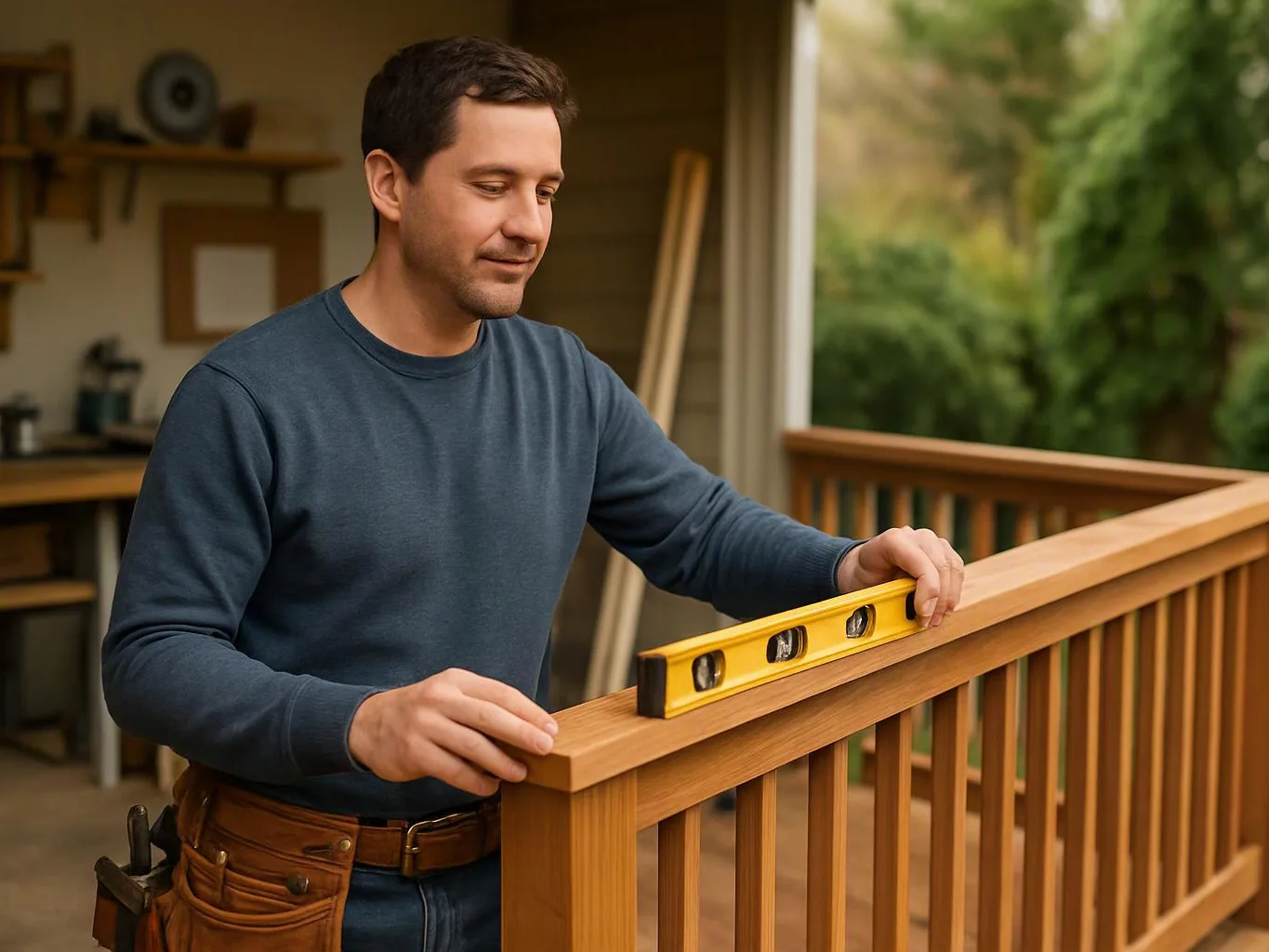 A man measures a wooden deck railing with a yellow spirit level inside a garage opening to trees