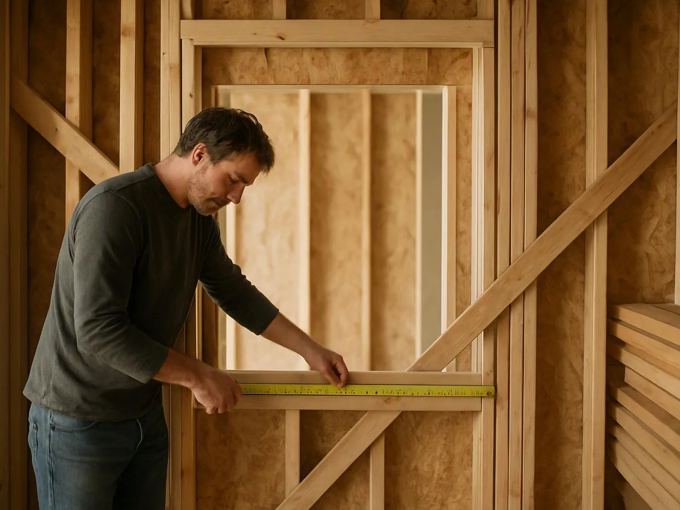A man measures a wooden wall frame inside an unfinished room with exposed studs and insulation
