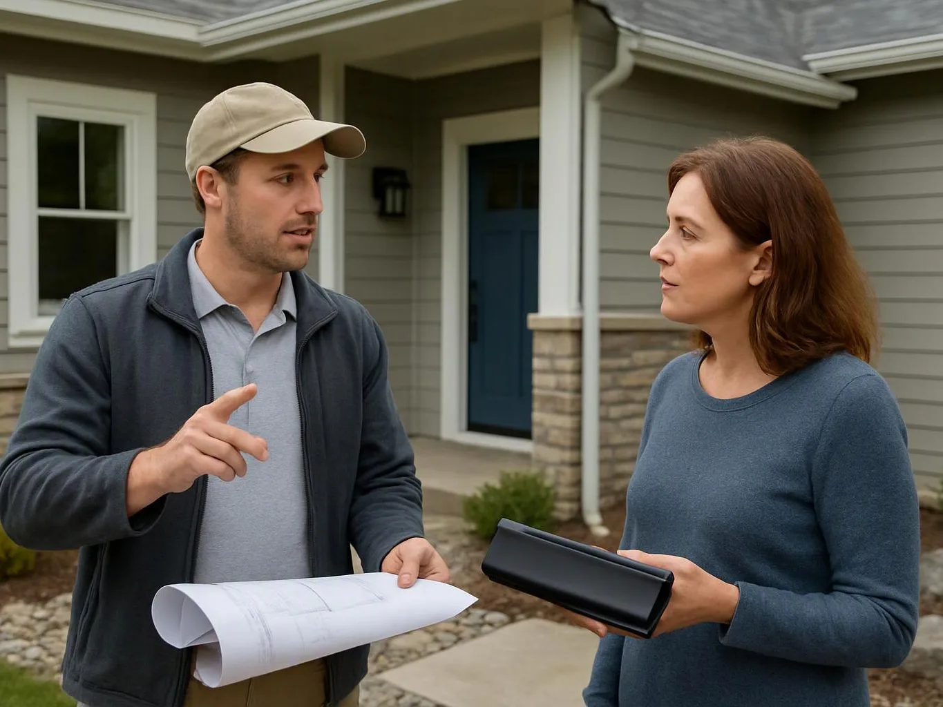 A man with plans talks to a woman holding a black case outside a house