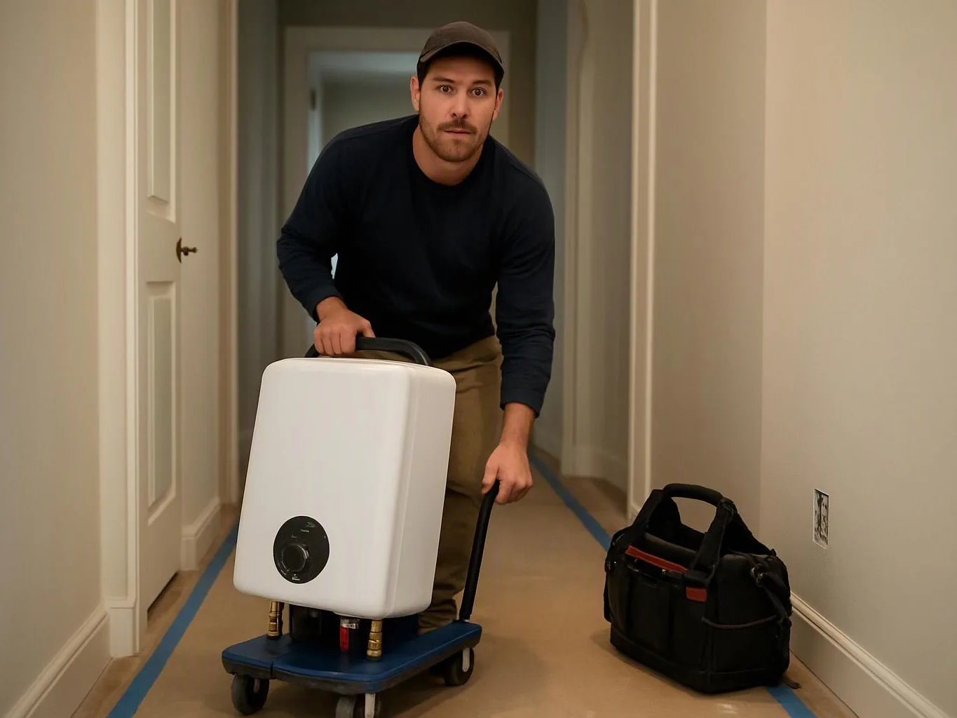 A man pushes a white appliance on a wheeled cart through a narrow hallway beside a tool bag