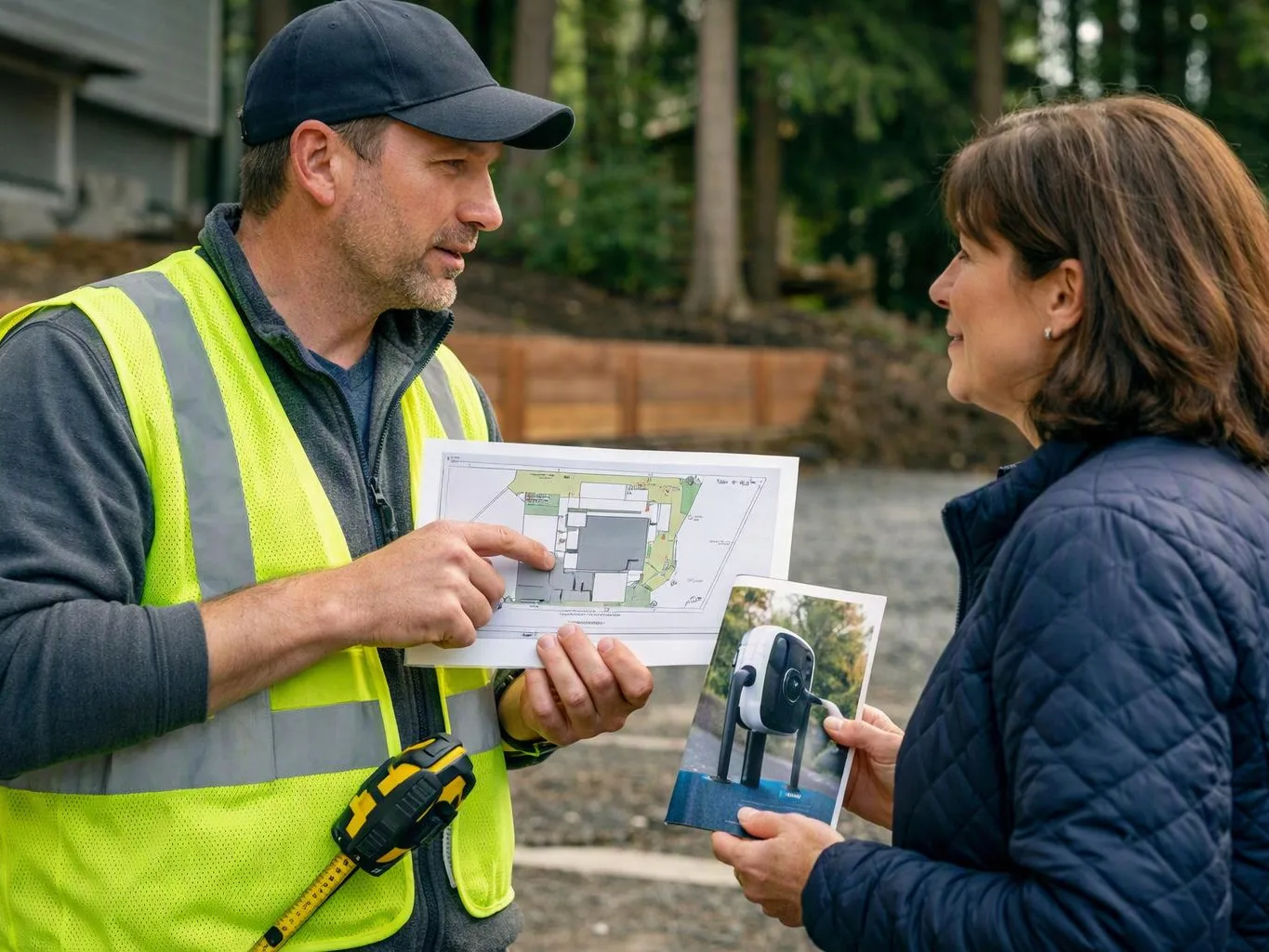 A man in a safety vest shows a site plan while a woman holds a photo of a device outdoors