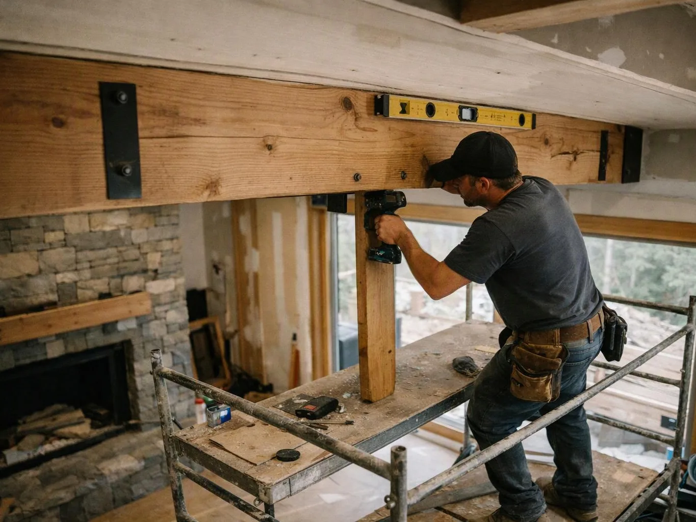 A man on scaffolding drills a wooden support beam inside a room under construction