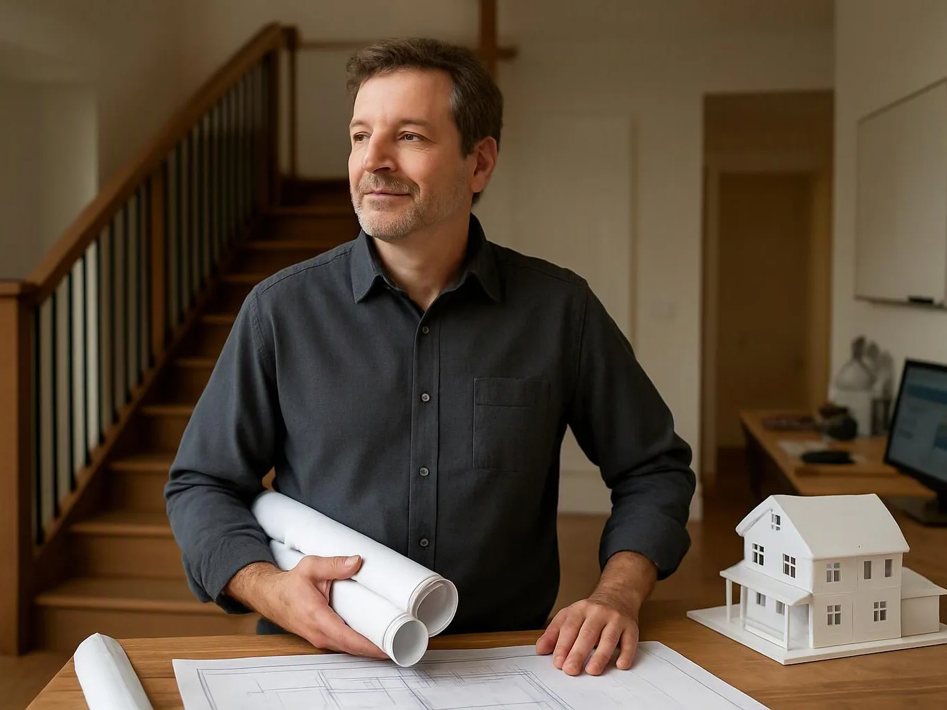 A man stands at a table with rolled blueprints and a small house model in a home office