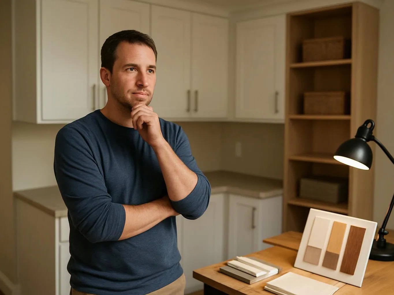 A man stands thoughtfully in a kitchen-like room beside a desk with wood samples and a lit lamp