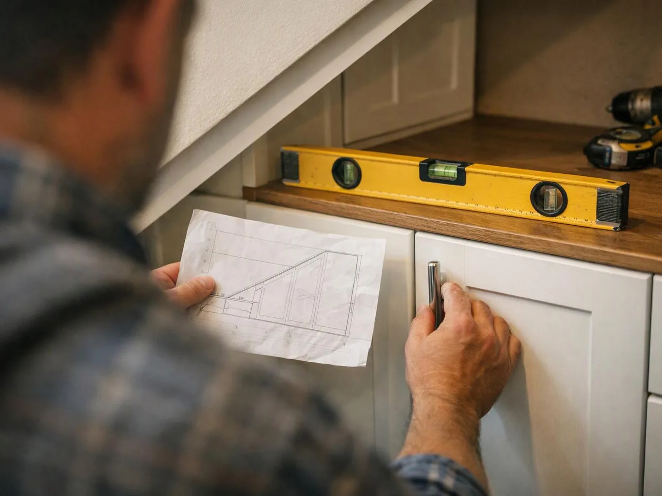 A man studies a paper floor plan while adjusting a cabinet handle under a yellow level in a kitchen