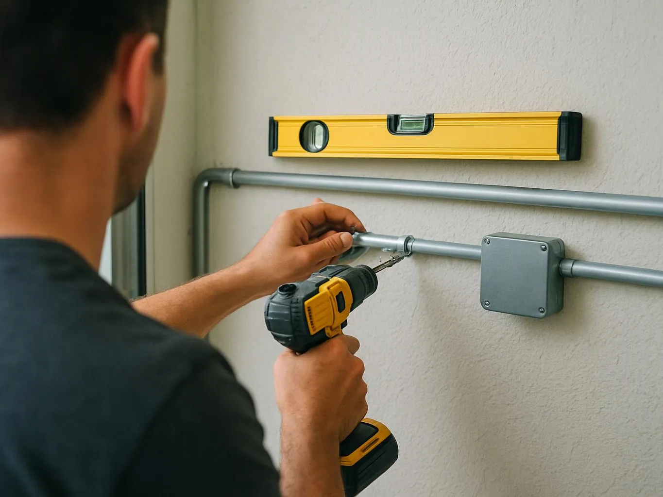 A man uses a drill to fasten conduit on a wall, with a level above it