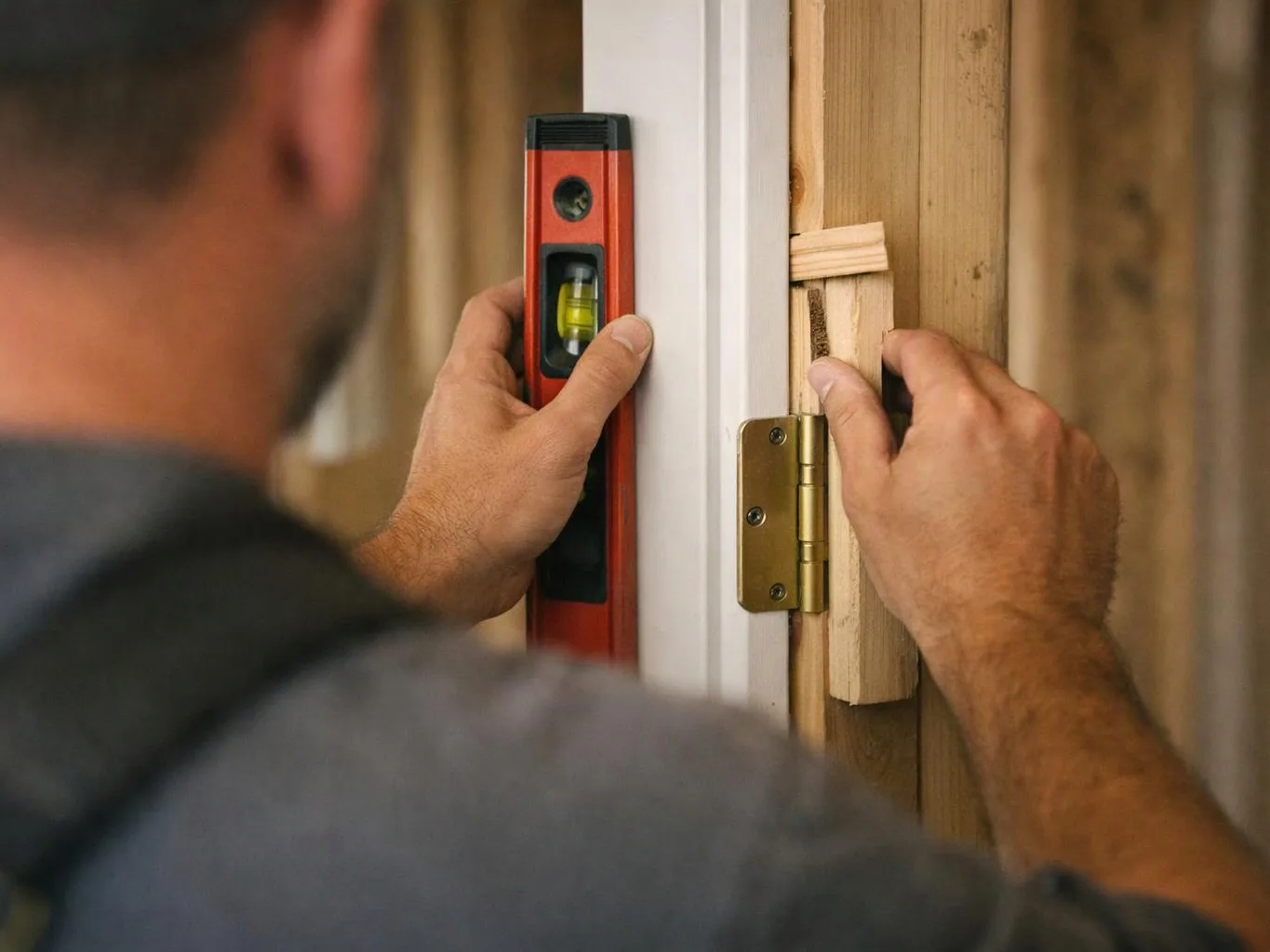 A man uses a level while fitting a wooden block on a door hinge frame
