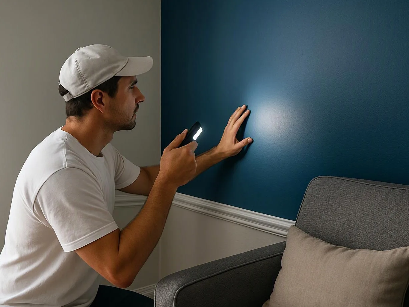 A man in a white cap inspects a blue wall with a flashlight in a room