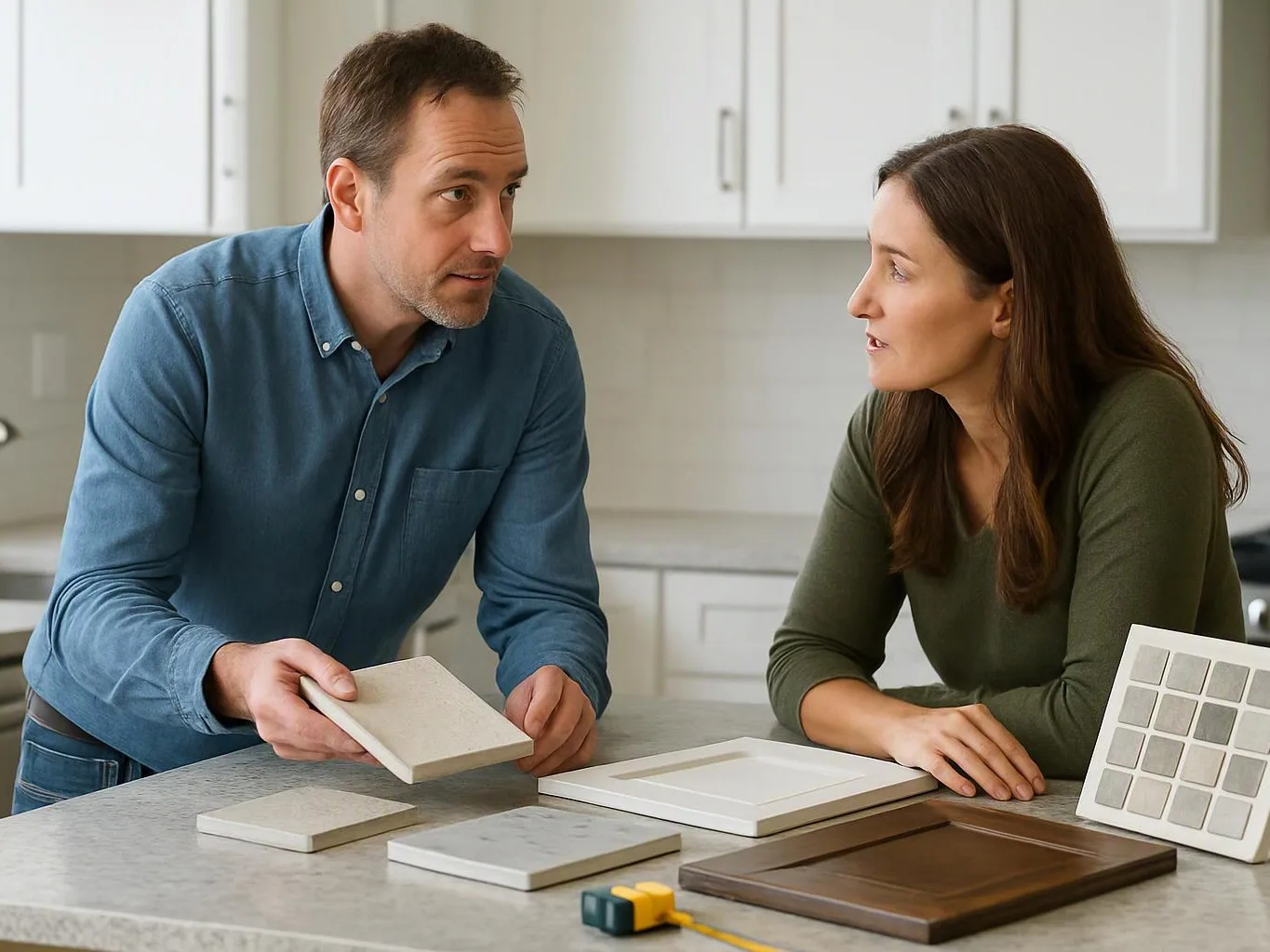 A man and woman compare countertop samples in a bright kitchen with white cabinets