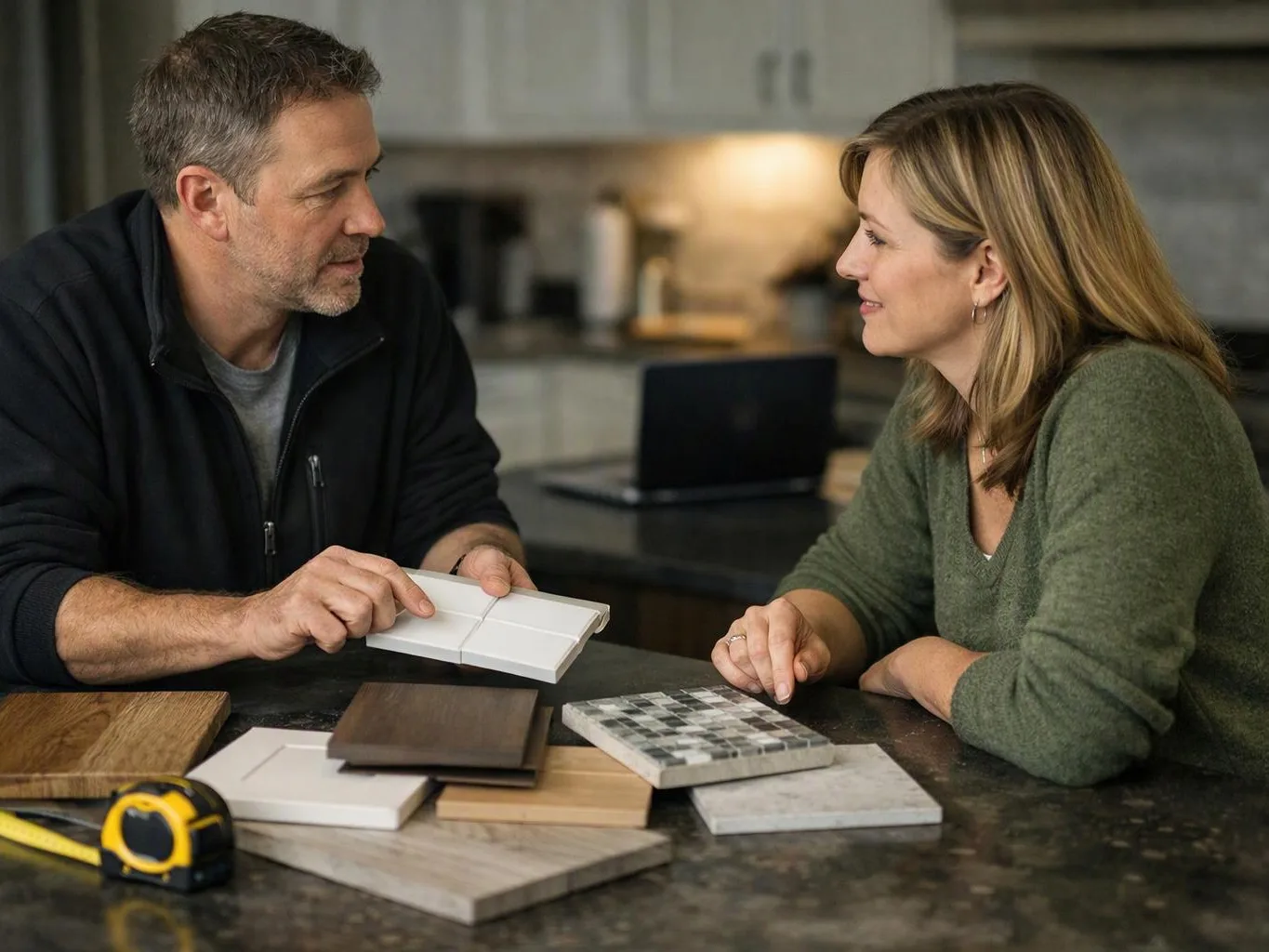 A man and woman compare tile samples at a kitchen counter with a laptop in the background