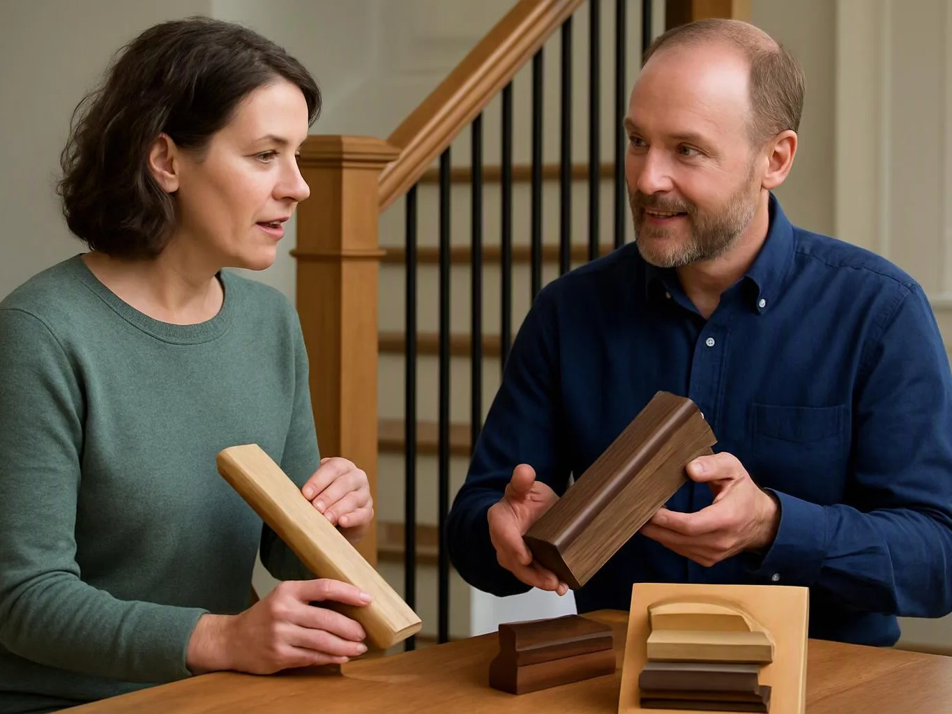 A man and woman compare wooden stair rail samples at a table inside a home