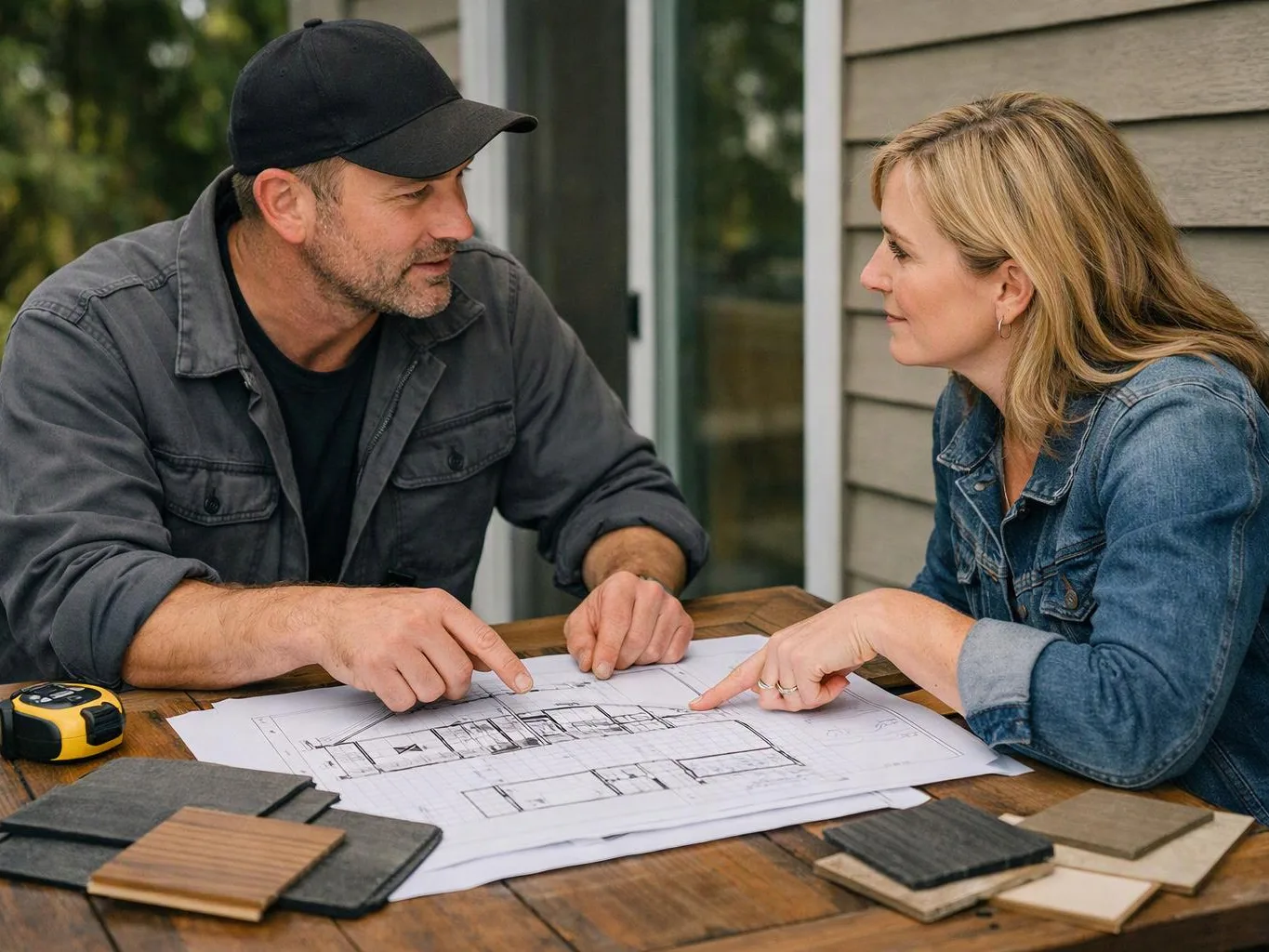 A man and woman lean over house plans at a wooden table outside, pointing at the drawings