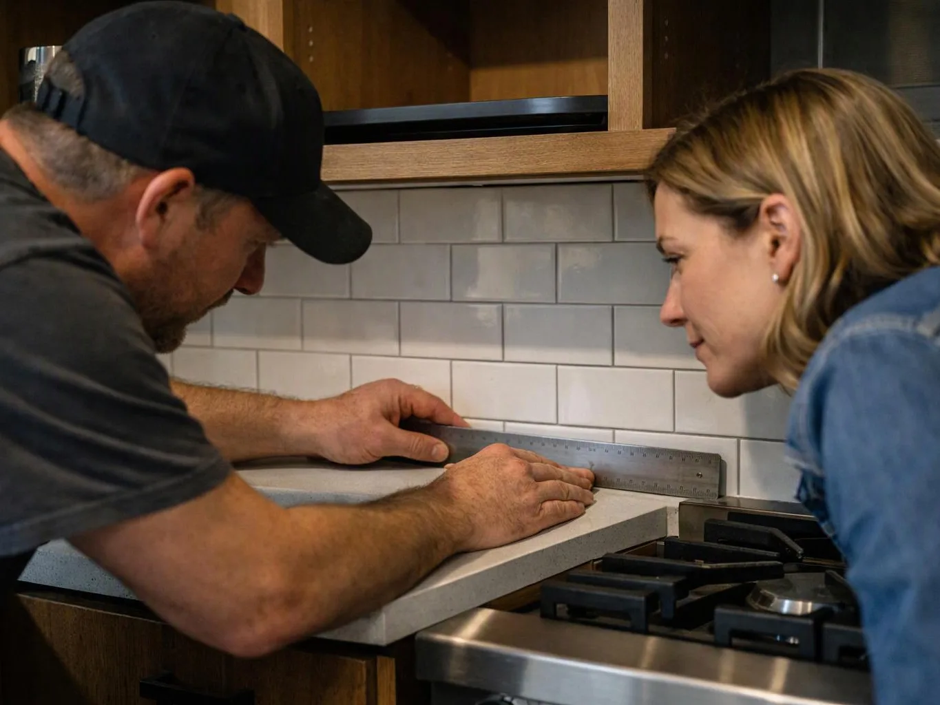 A man and a woman measure a countertop beside a stove in a kitchen