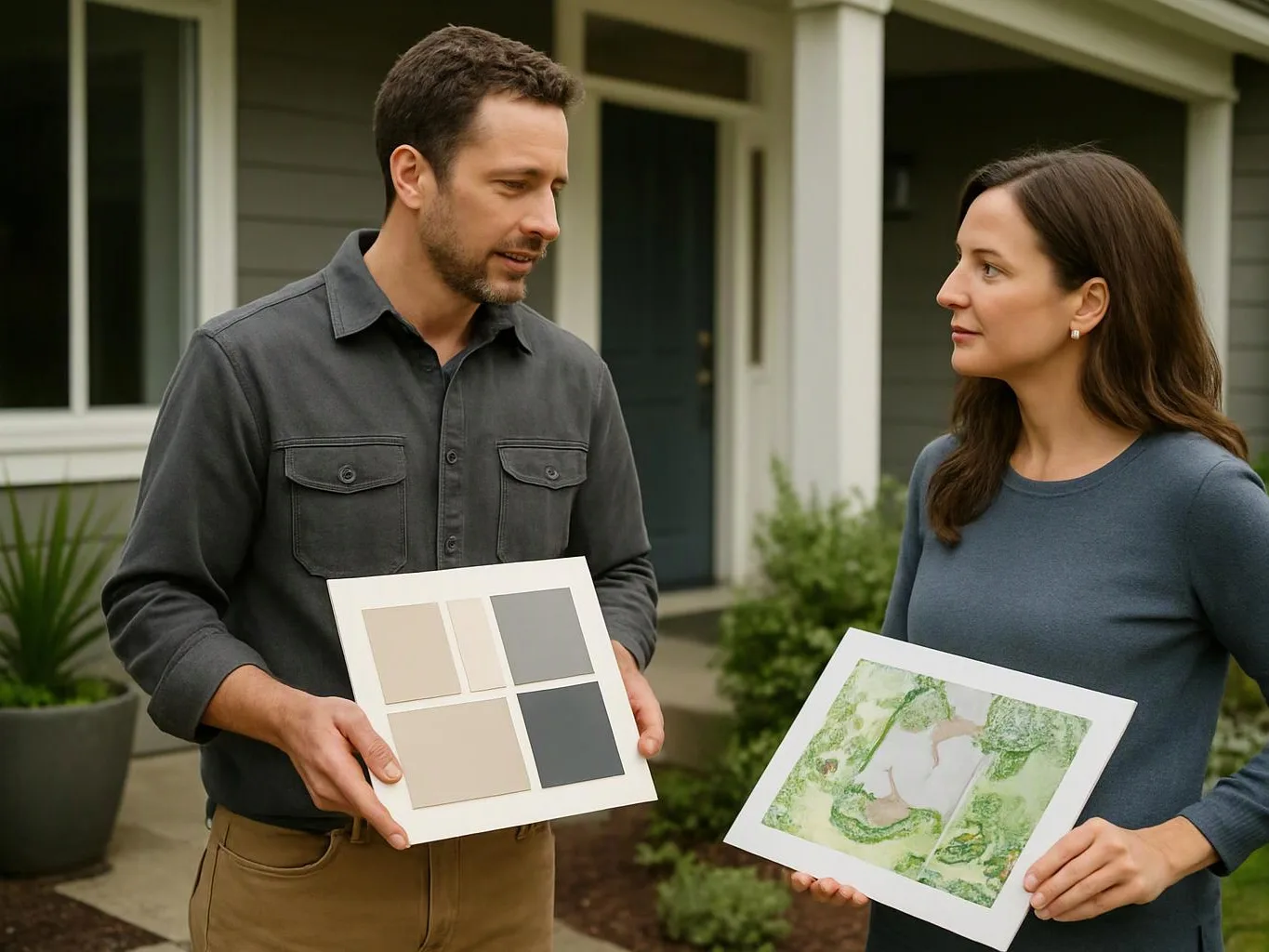 A man and woman stand outside a house, holding paint color samples and looking at each other