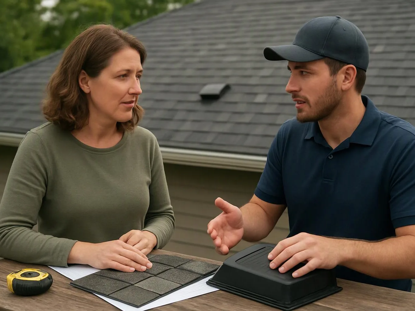A man and woman talk over roof samples at an outdoor table beside a house