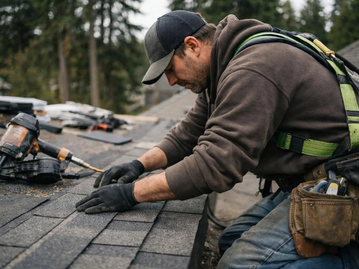 A man in work gloves installs roof shingles with a nail gun on a house rooftop