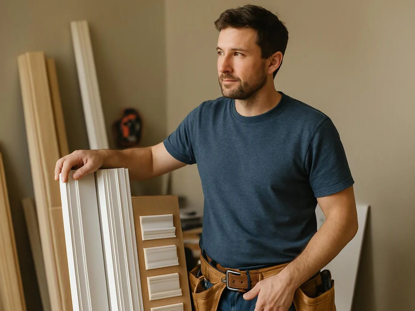 A man in a workshop stands beside molding samples, resting his hand on a white panel