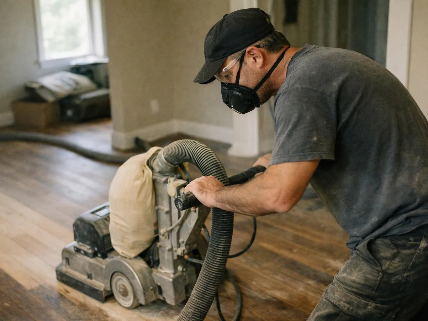 A masked worker sands a wooden floor with a floor machine in a bare room