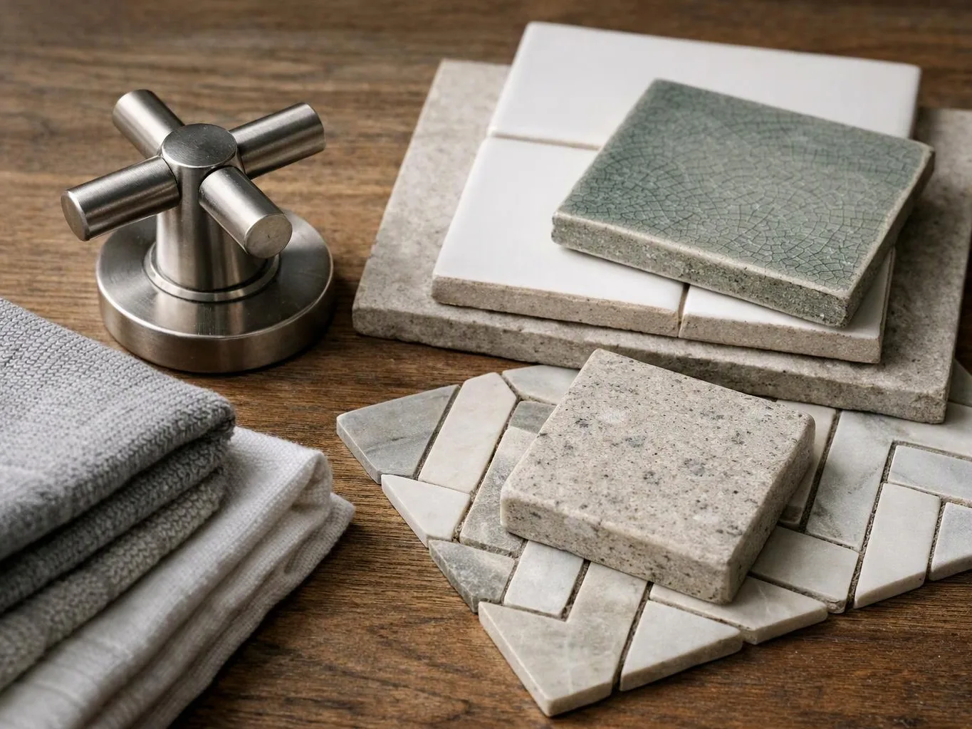 A metal faucet handle sits beside stacked stone tile samples and folded gray towels on a wooden surface