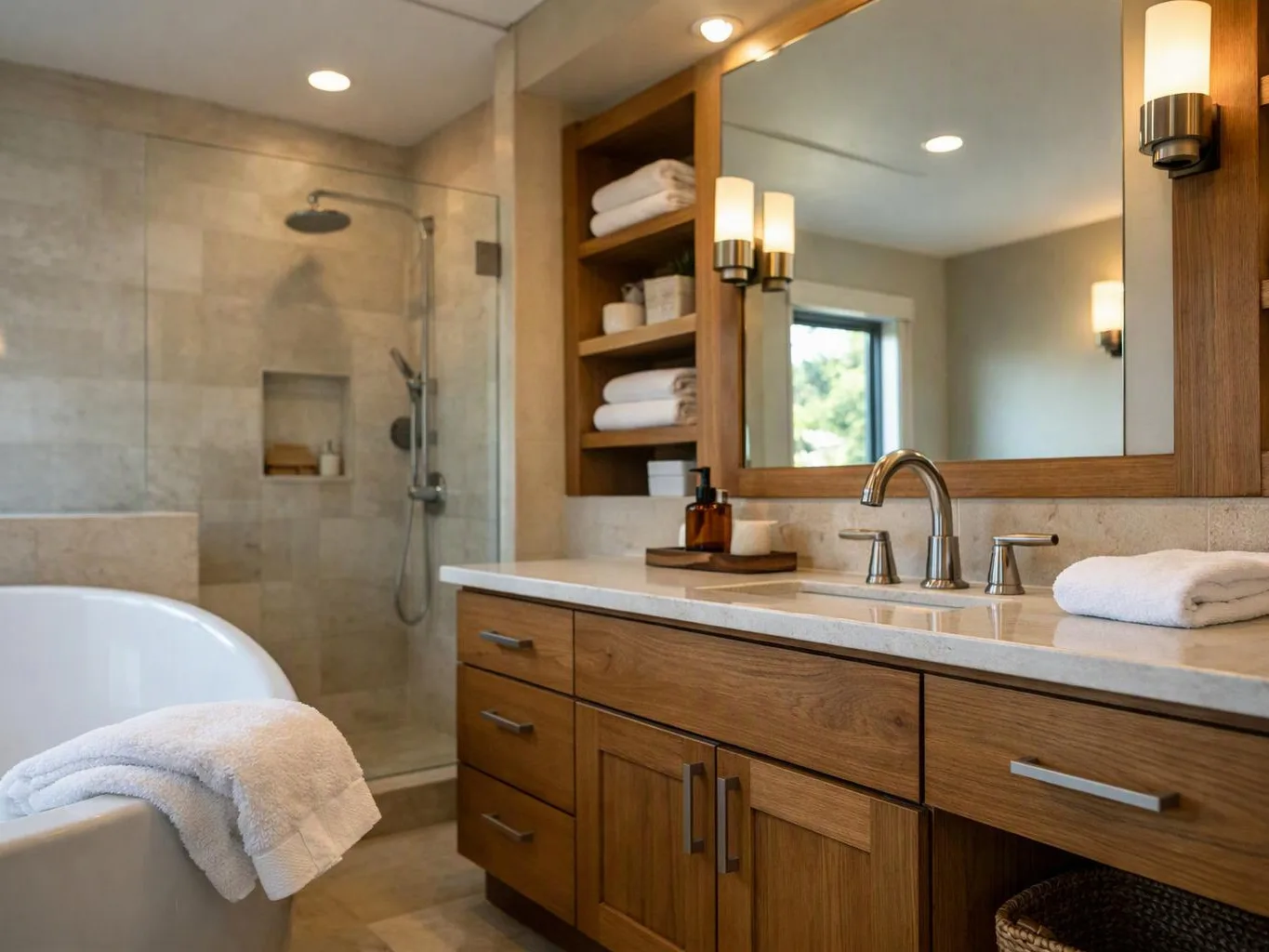 A modern bathroom shows a wood vanity, large mirror, glass shower, and a towel draped over a bathtub