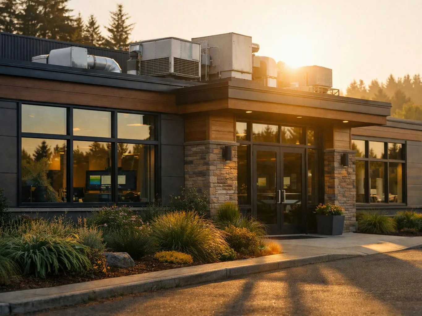 A modern building with glass windows, stone columns, rooftop equipment, and landscaped shrubs glows in warm sunset light