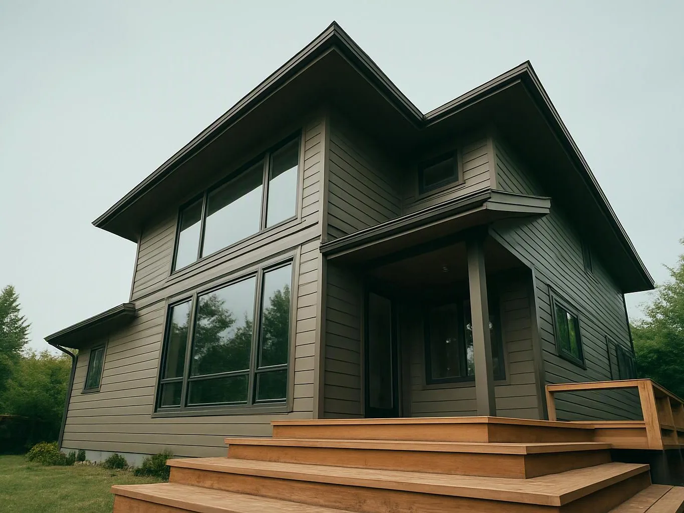 A modern gray house with large windows and a wooden front deck sits beside trees under a pale sky