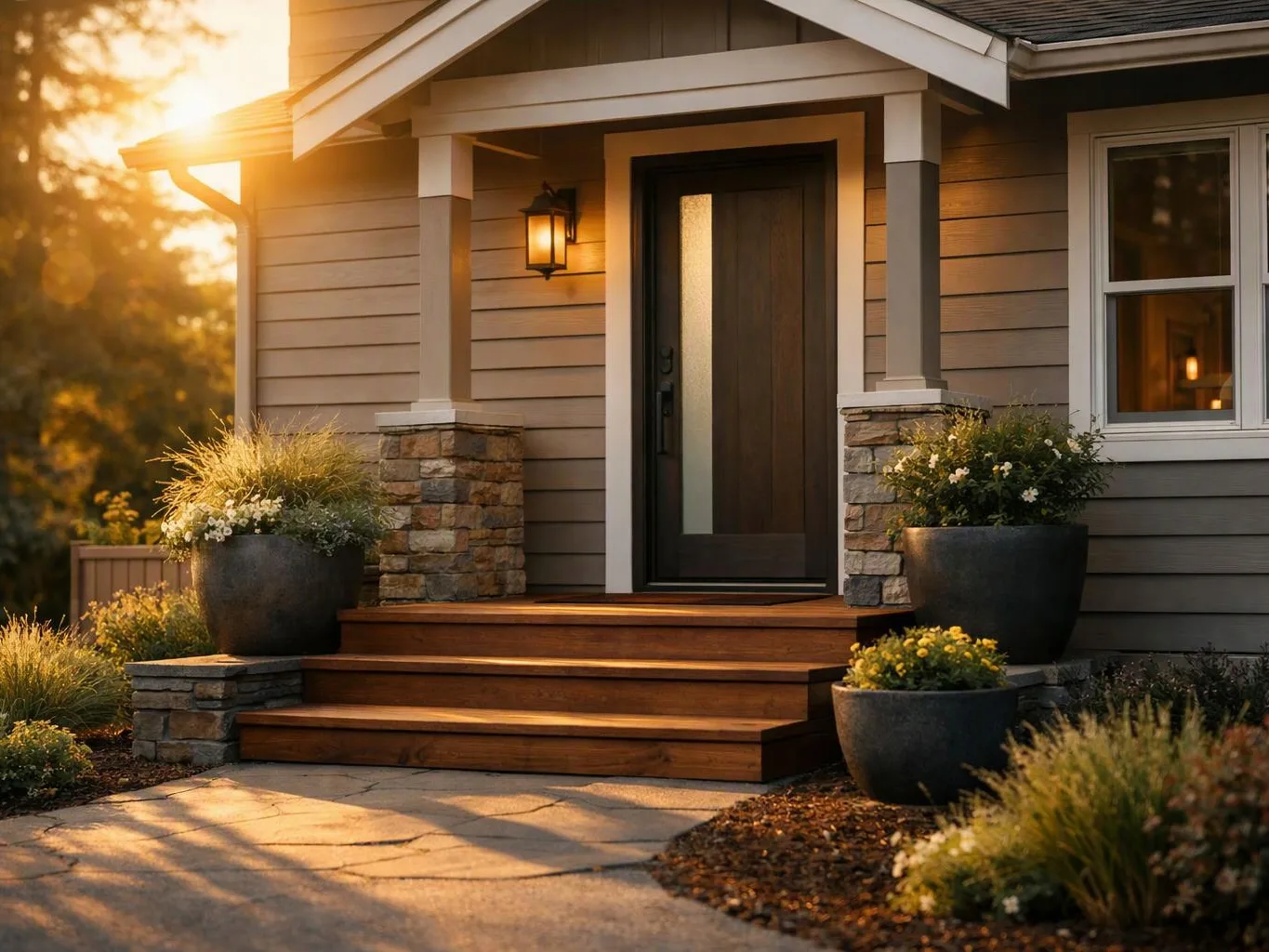 A modern house front porch with wooden steps, potted plants, and warm sunset light