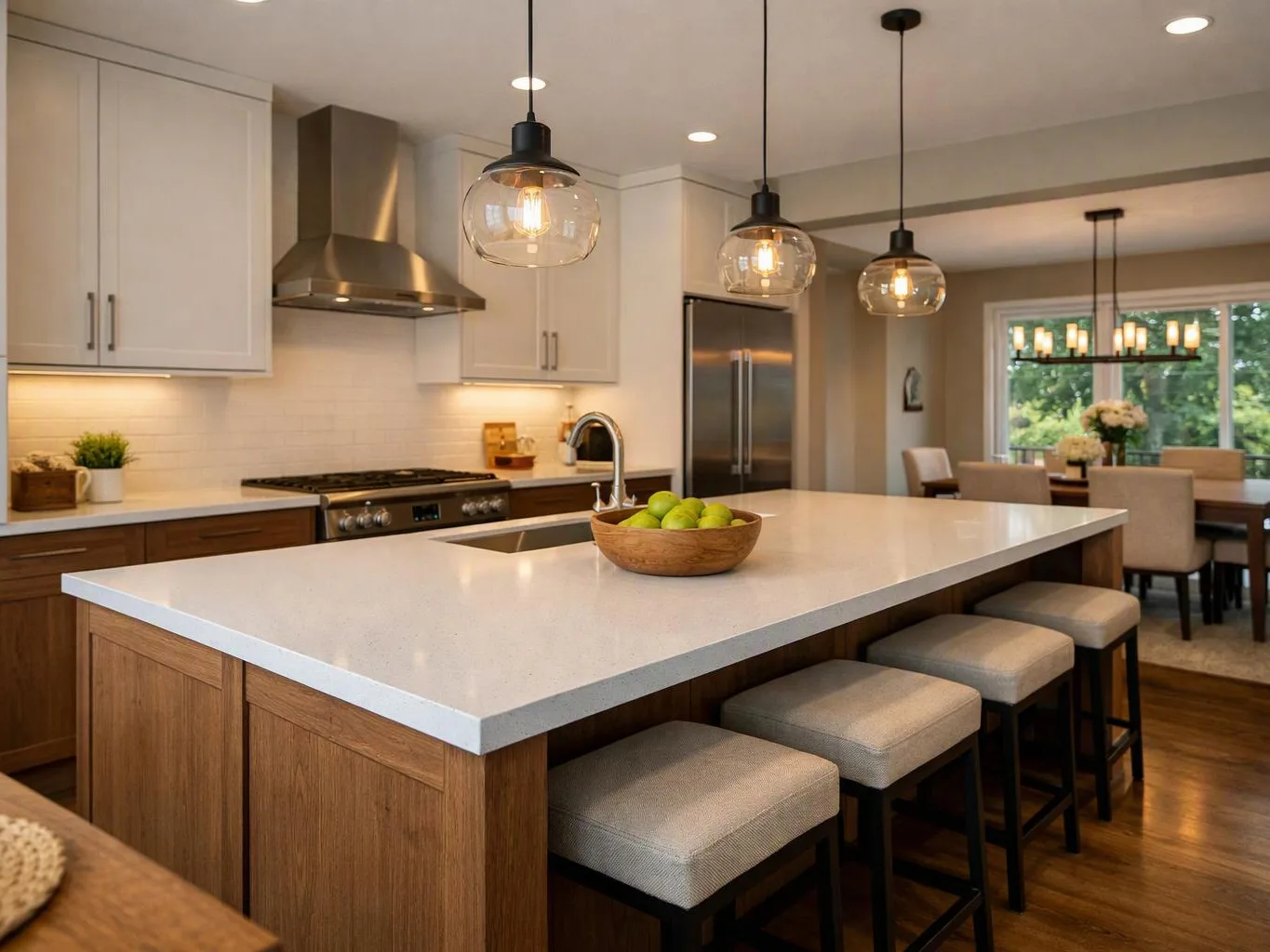 A modern kitchen with a large island, pendant lights, barstools, and a bowl of green apples