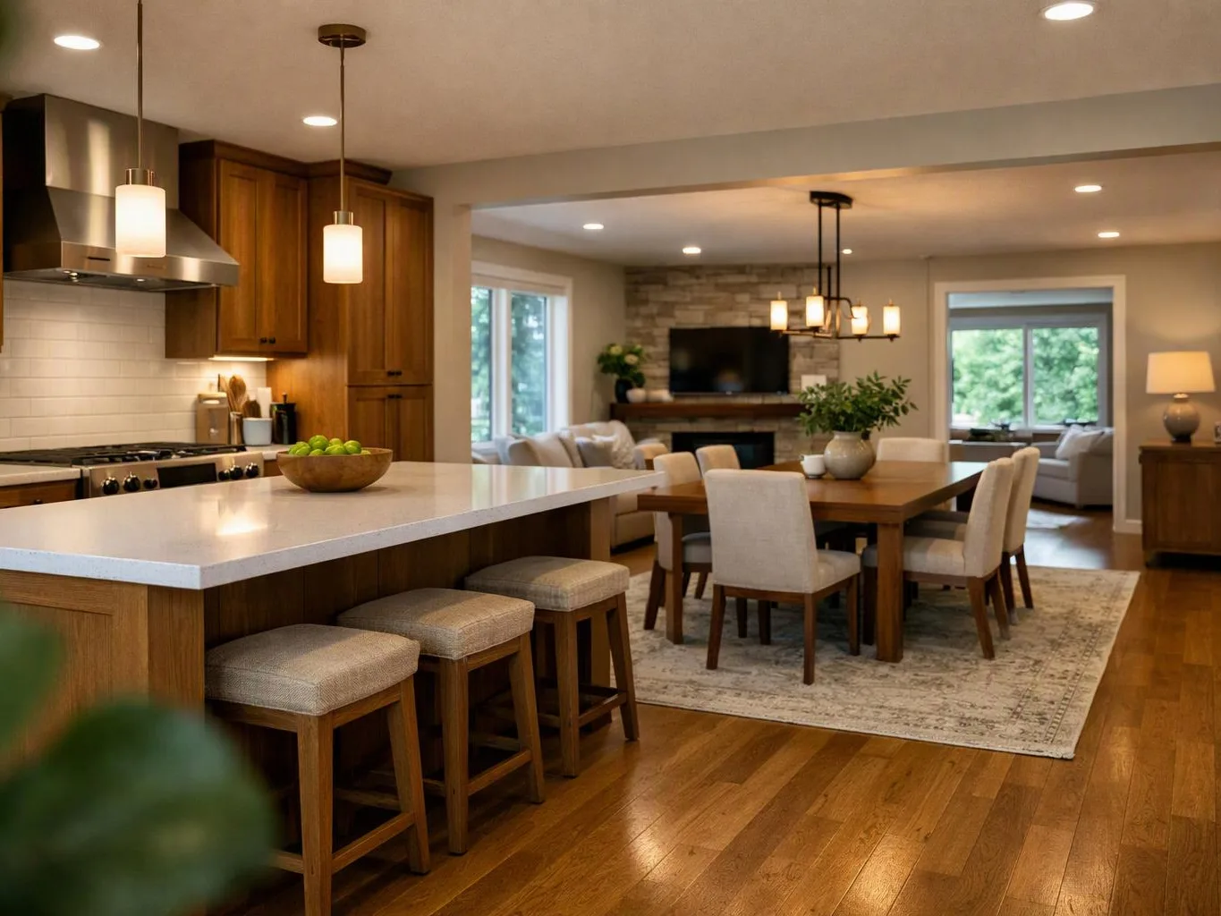 A modern open kitchen and dining room shows wood cabinets, a white island, stools, and a table on hardwood floors