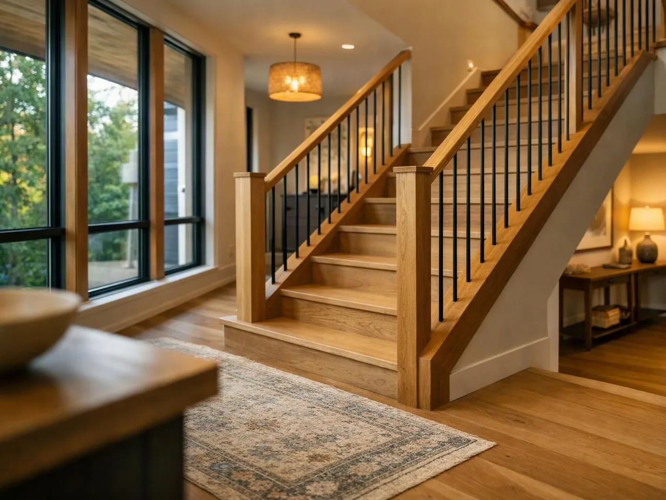 A modern staircase with wood steps and black railings sits beside large windows in a warm living room