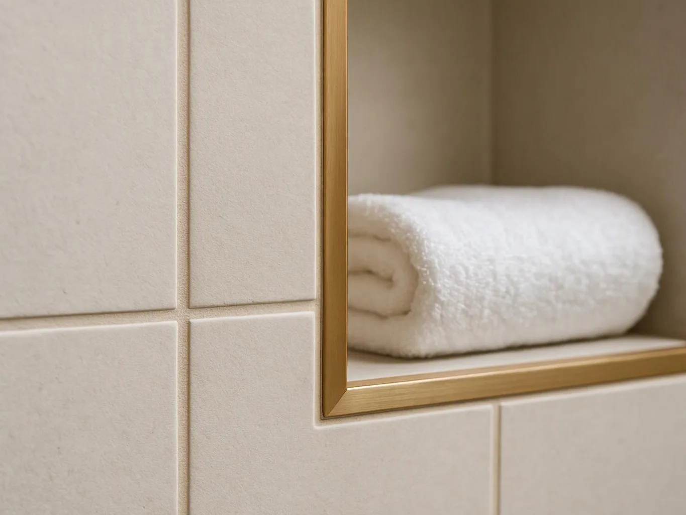 A neatly folded white towel sits on a shelf inside a tiled bathroom niche