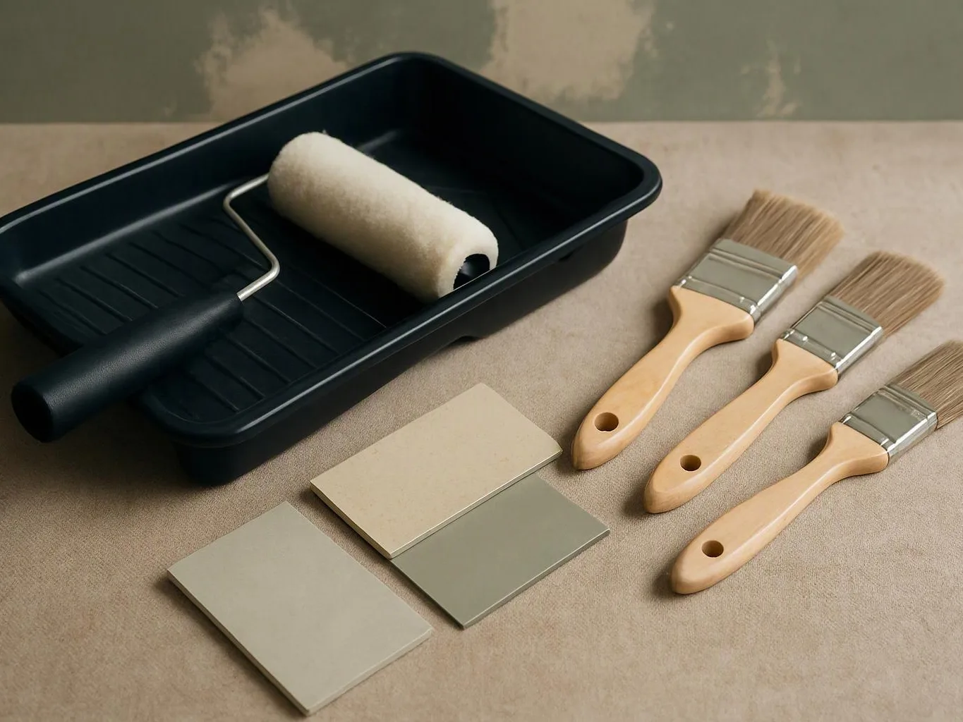 Paint roller, three brushes, and color sample cards arranged on a beige surface