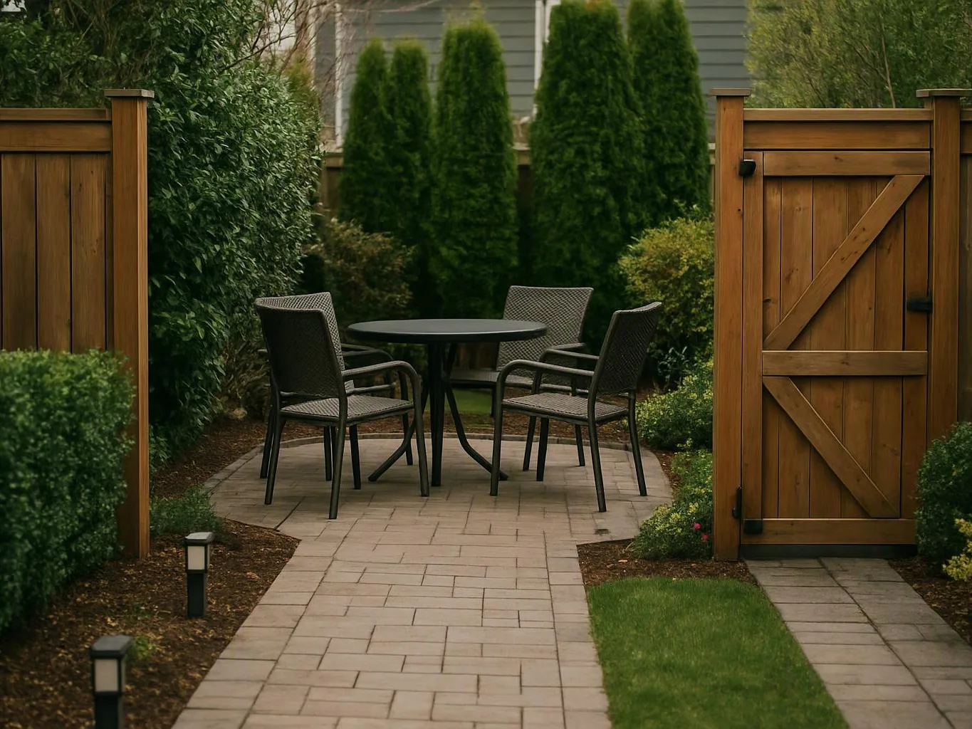 A paved garden patio with four chairs and a round table sits inside a wooden gate, surrounded by shrubs and tall evergreens
