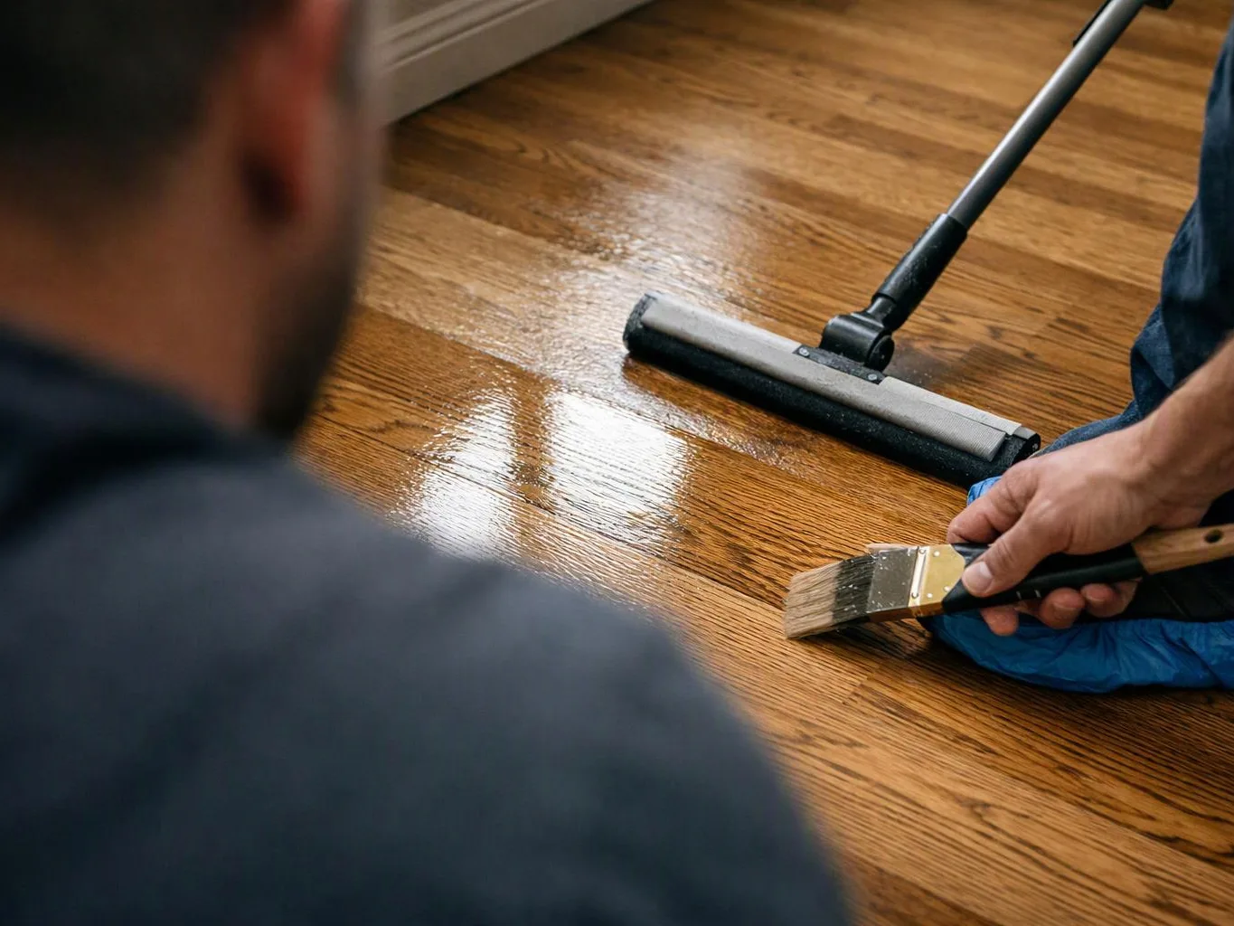A person applies finish to a wooden floor with a brush while another uses a floor applicator